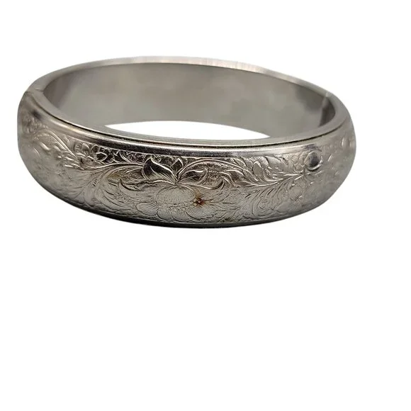 Floral Etched Hinged Bangle Bracelet Size 6.5" Vintage 16mm Wide